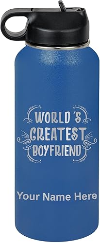 Miniatura 39 de LaserGram Botella de agua personalizada, World's Greatest Boyfriend, acero inoxidable de doble pared aislada al vacío con popote superior, regalo