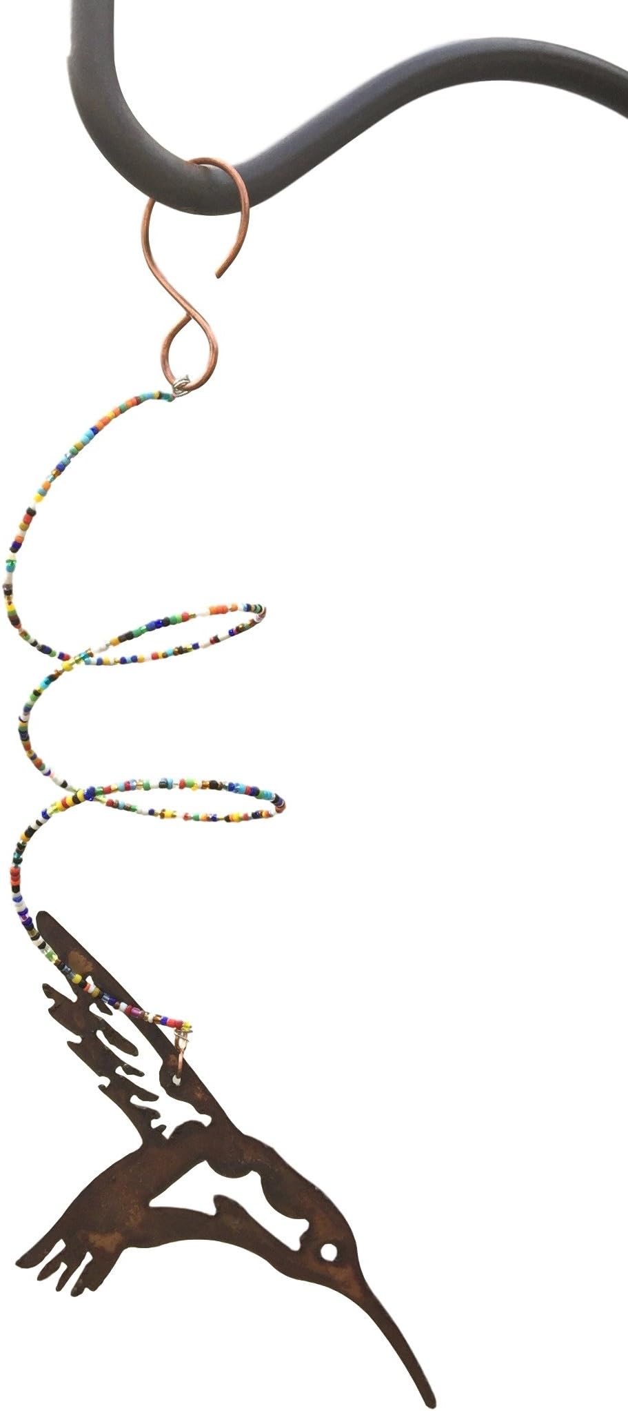 Copper Hummingbird Swirly Perch with Multi-Colored Beads and Metal Hummingbird
