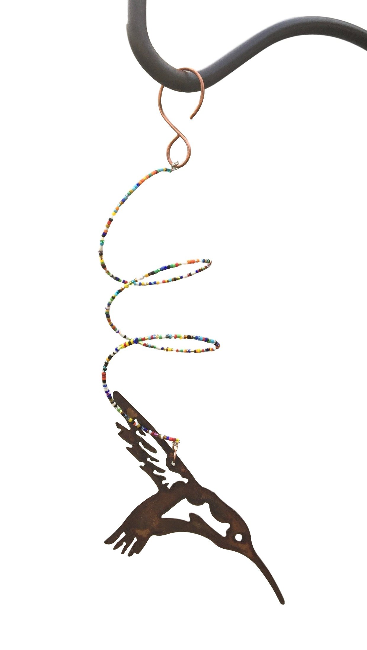 Copper Hummingbird Swirly Perch with Multi-Colored Beads and Metal Hummingbird