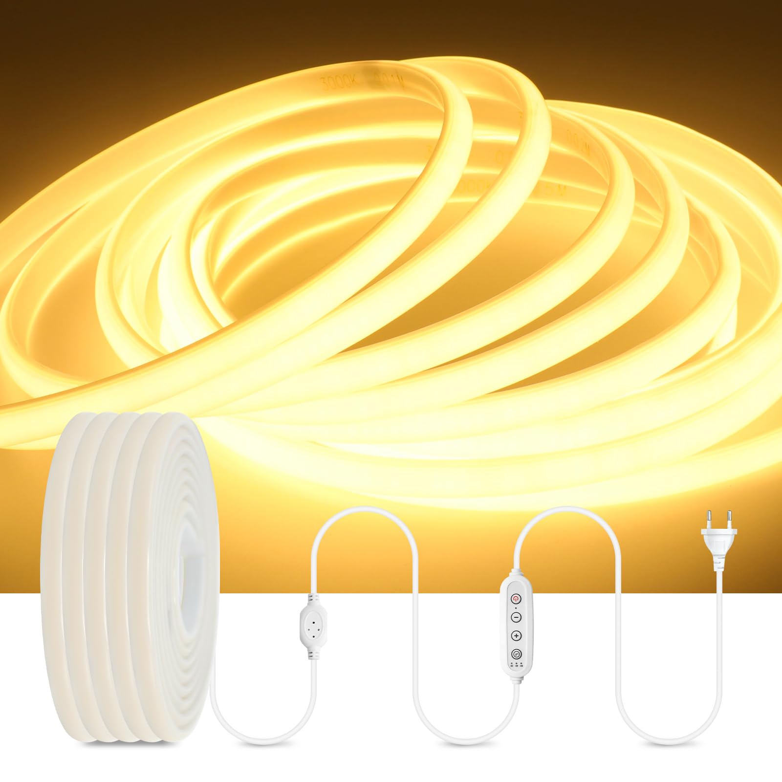 220V COB Neon LED Streifen, Dimmbar 288 LEDs/m Superhell Hohe Dichte LED Strip mit Netzteil, Wasserdicht IP65 Diffusion Flex COB LED Lichtleisten Schlauch Lichtband LED (Warmweiß,20M)