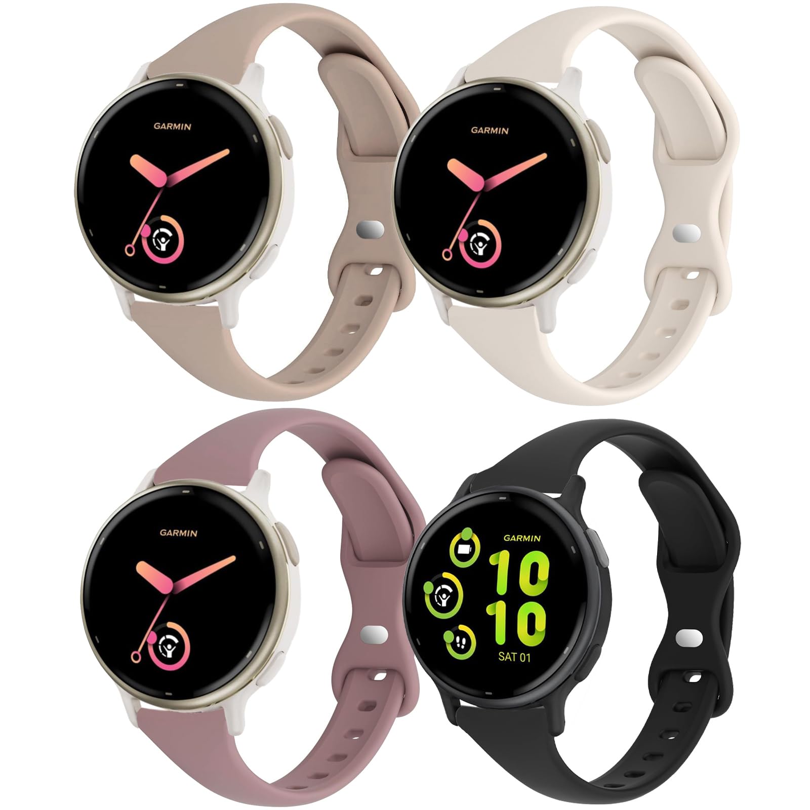 Photo 1 of CUNUJIX Slim Silicone Watch Bands Compatible with Garmin Vivoactive 6/ Vivoactive 5/Vivoactive 3/Venu Sq/Venu 2 Plus/Forerunner 165/55/245 Music, 20mm Thin Soft Narrow Sport Strap for Women (4 Pack)