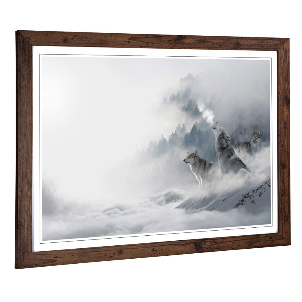 Big Box Art Framed Print of Wolves in The Winter Forest Landscape Design | Wall Art Picture | Home Decor for Kitchen, Living Room, Bedroom, Hallway, Walnut, A2 / 24.5x18 Inch / 62x45cm