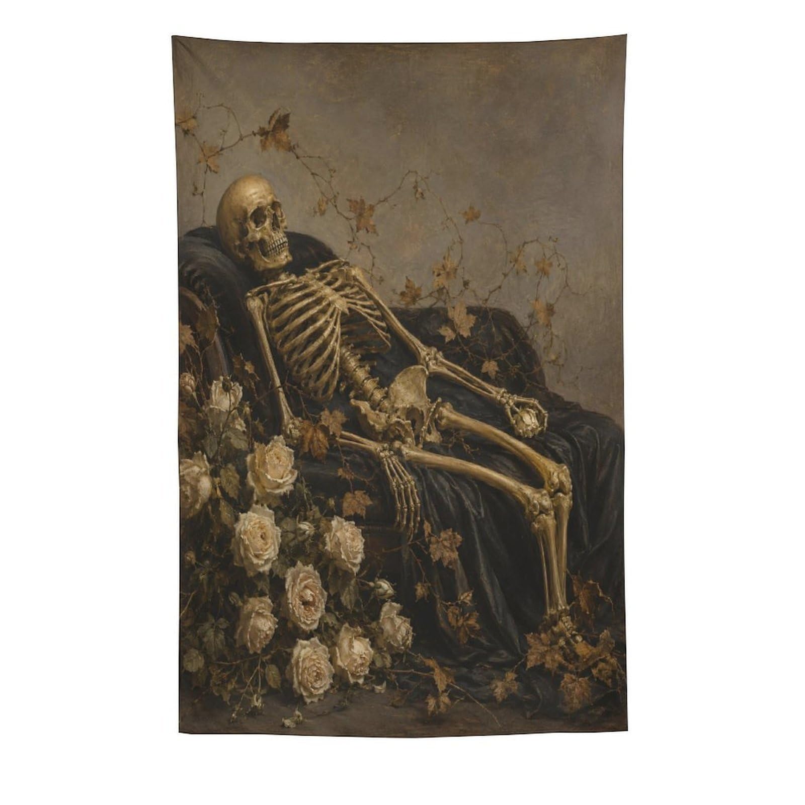 H3B8U2Y5 Skeleton with Roses Wall Tapestry, Fantasy Illustration Style