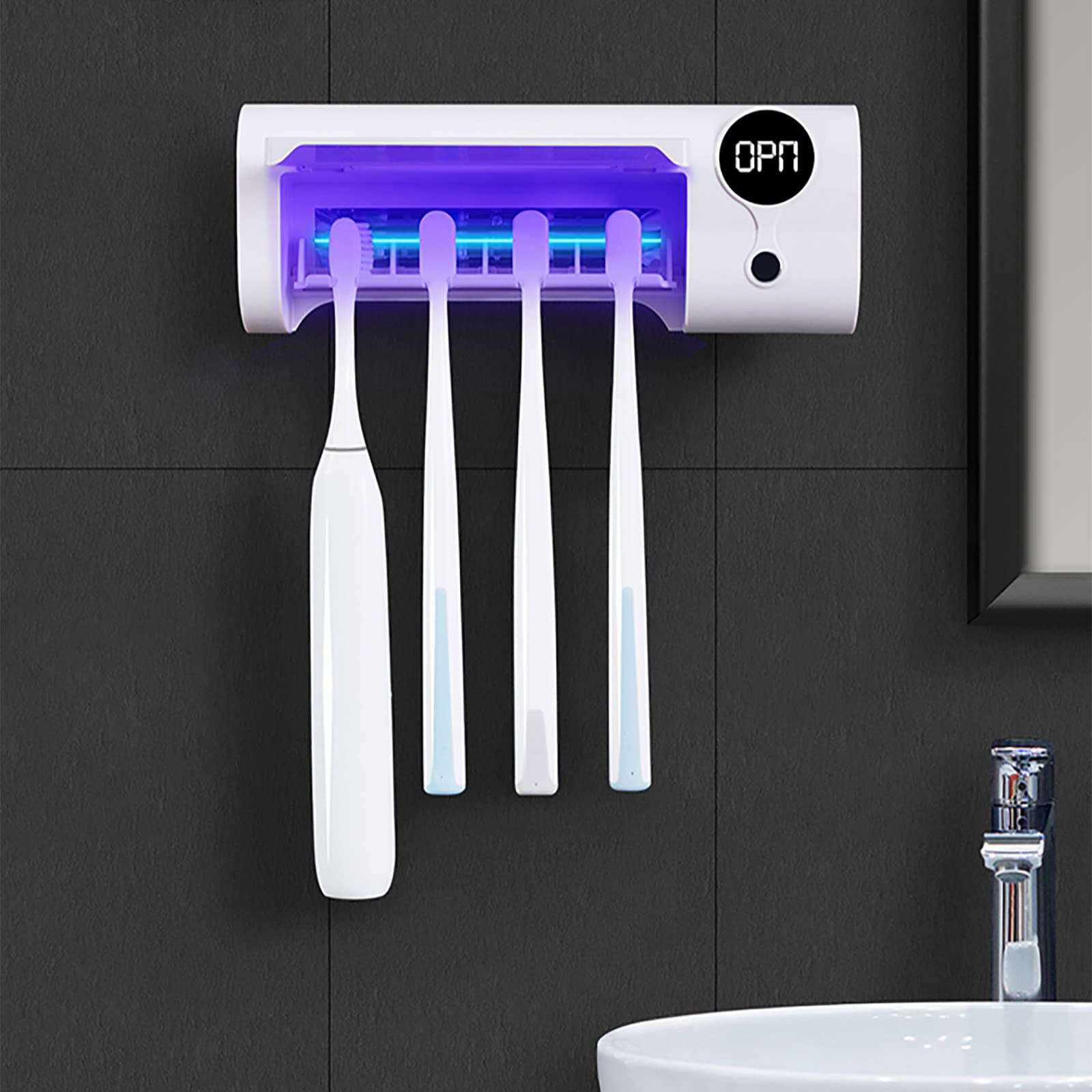Porta Cepillo de Dientes, Soporte Cepillo de Dientes con Función Esterilizador LED Estuche Cepillo Dientes con 4 Ranuras para Cepillos Organizador Baño USB Recargable Blanco