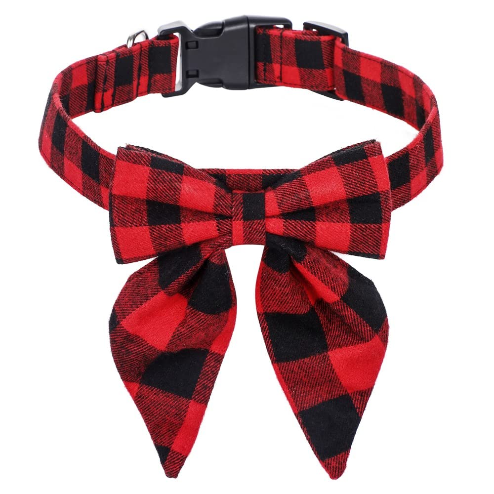 Christmas Dog Collar, Adjustable Red and Black Checkered Dog Bow Tie, Puppy Collar with Tartan Bow for Christmas, Party, Present (S)