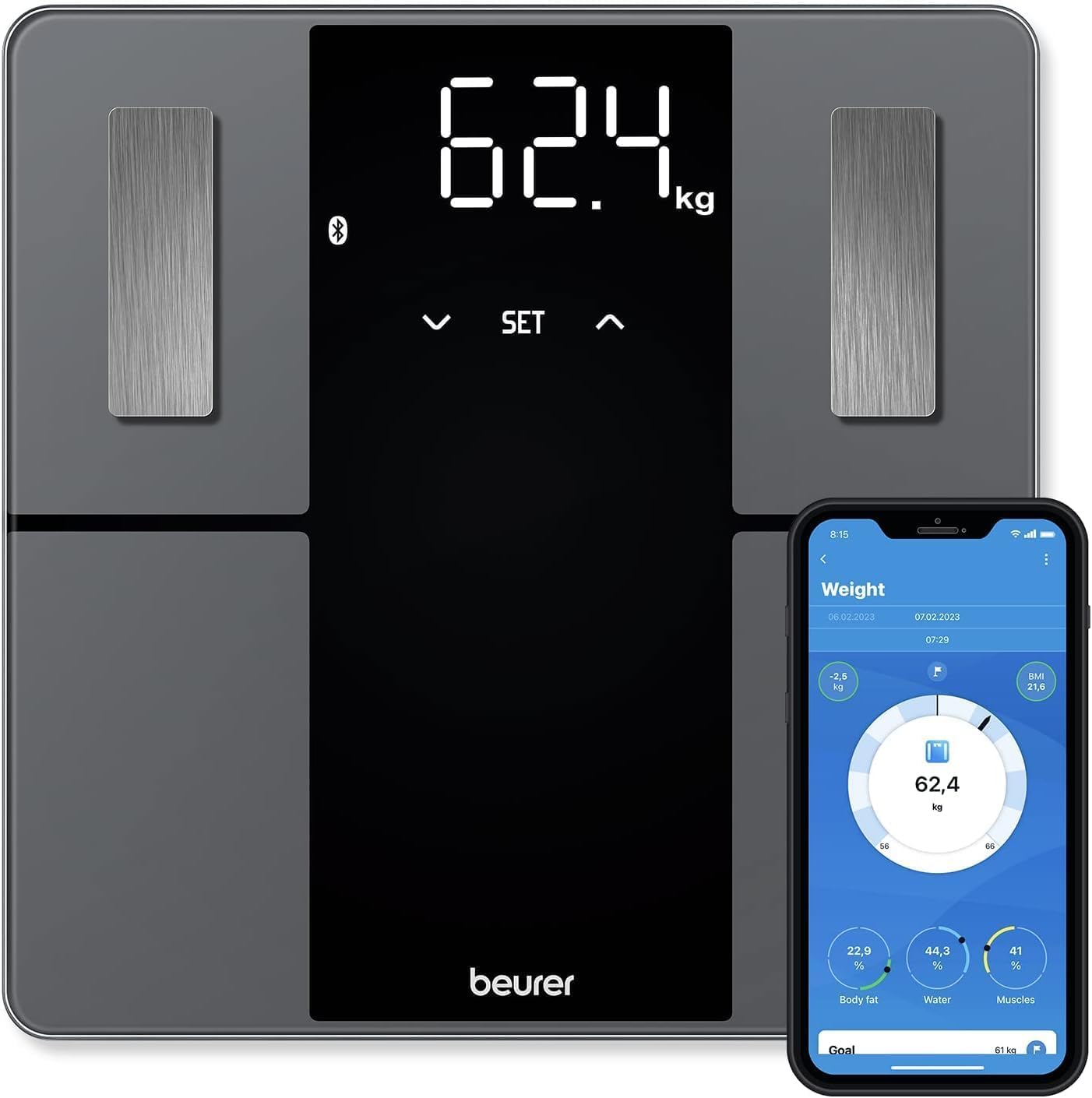 Beurer BF 500 pèse-​personne numérique avec Bluetooth & application, mesure de la graisse corporelle, pourcentage de muscle, besoin en calories, etc. transfert de données vers Apple Health & co.