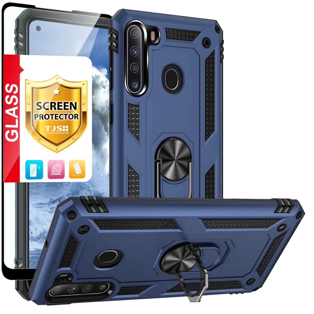 TJS Compatible with Samsung Galaxy A21 Case, with [Full Coverage Tempered Glass Screen Protector][Metal Ring][Magnetic Support] Kickstand Heavy Duty Drop Protector Cover Phone Case (Blue)