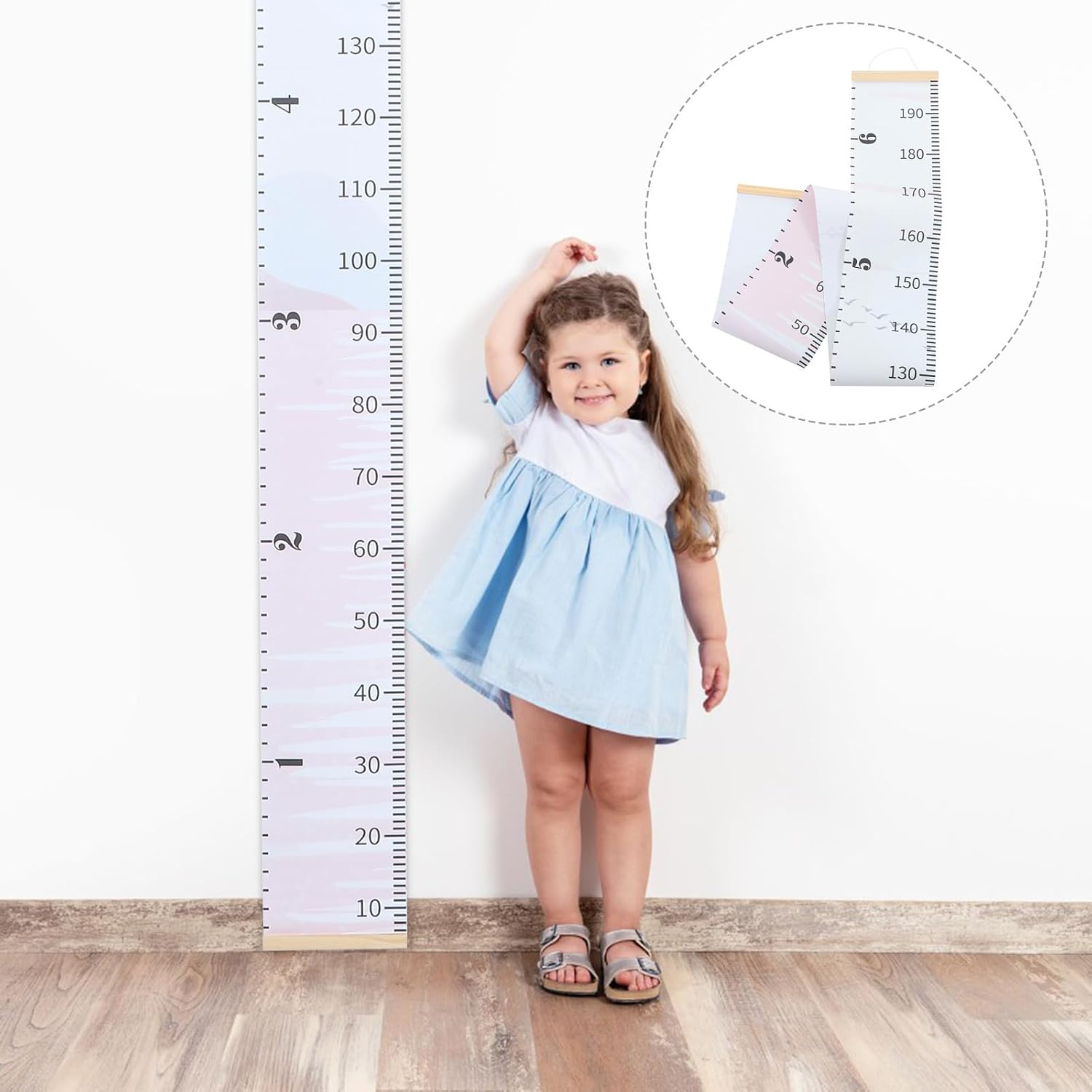 SHINEOFI Decorative Growth Chart Ruler for Wall Hanging in White, Portable Wooden and Fabric Height Chart for Measuring Height in Bedrooms and Rooms with Simple Cartoon Style Design