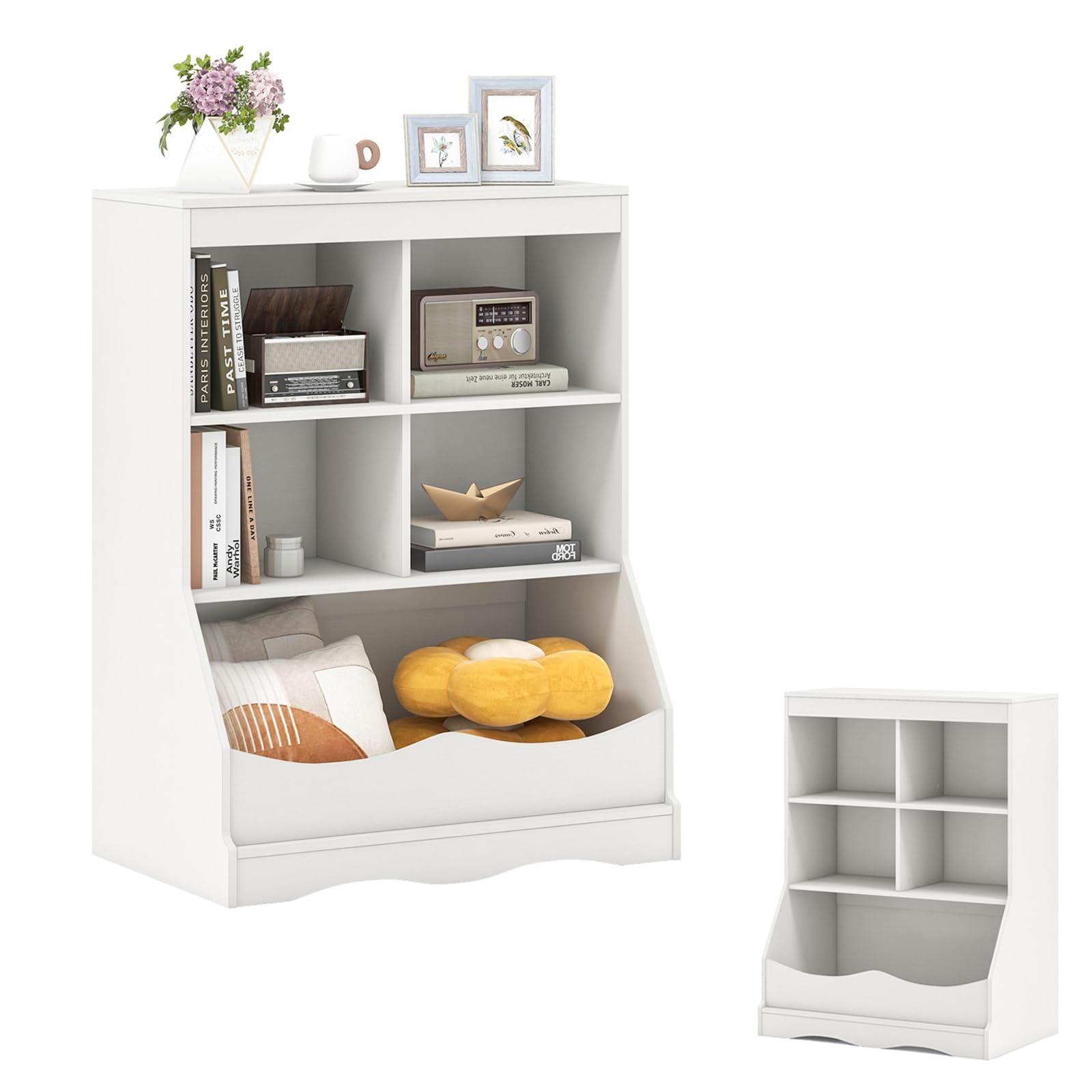 DREAMADE Storage Organizer, Small Bookcase w/ 4 Open Cubes & 1 Bottom Compartment, Anti-Tipping Device, Foot Pads, Low Cube Bookshelf for Bedroom,