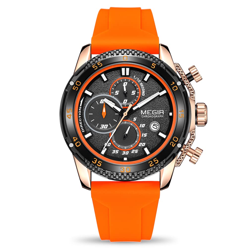 MEGIR Men's Sports Analogue Chronograph Luminous Quartz Watches with Stylish Orange Silicone Strap for Gifts (2211 Orange)