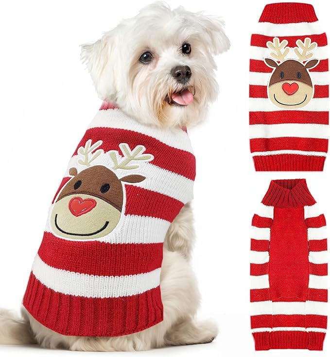 KUTKUT Dog Christmas Sweater Cute Striped Reindeer Xmas Pet Clothes Holiday Puppy Cat Costume New Year Gifts for Small Dogs Cats Turtleneck Knitted Pullover (Size: L, Adjustable Chest: 36cm - 42cm) (B09H2VW7VQ) Amazon Price History, Amazon Price Tracker