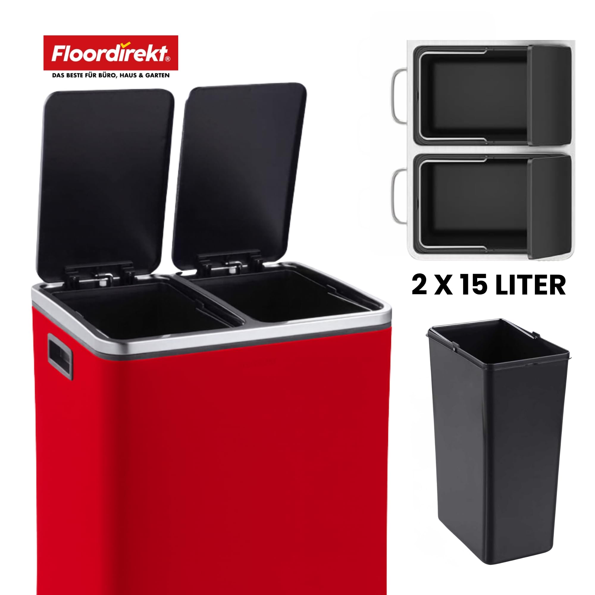 Floordirekt Mülleimer Küche 2×15L Rot | 2-Fach Mülltrennsystem, Treteimer Küche, Metall, Soft-Close, luftdicht, Kunststoff-Inneneimer, Klappdeckel – (Felix)