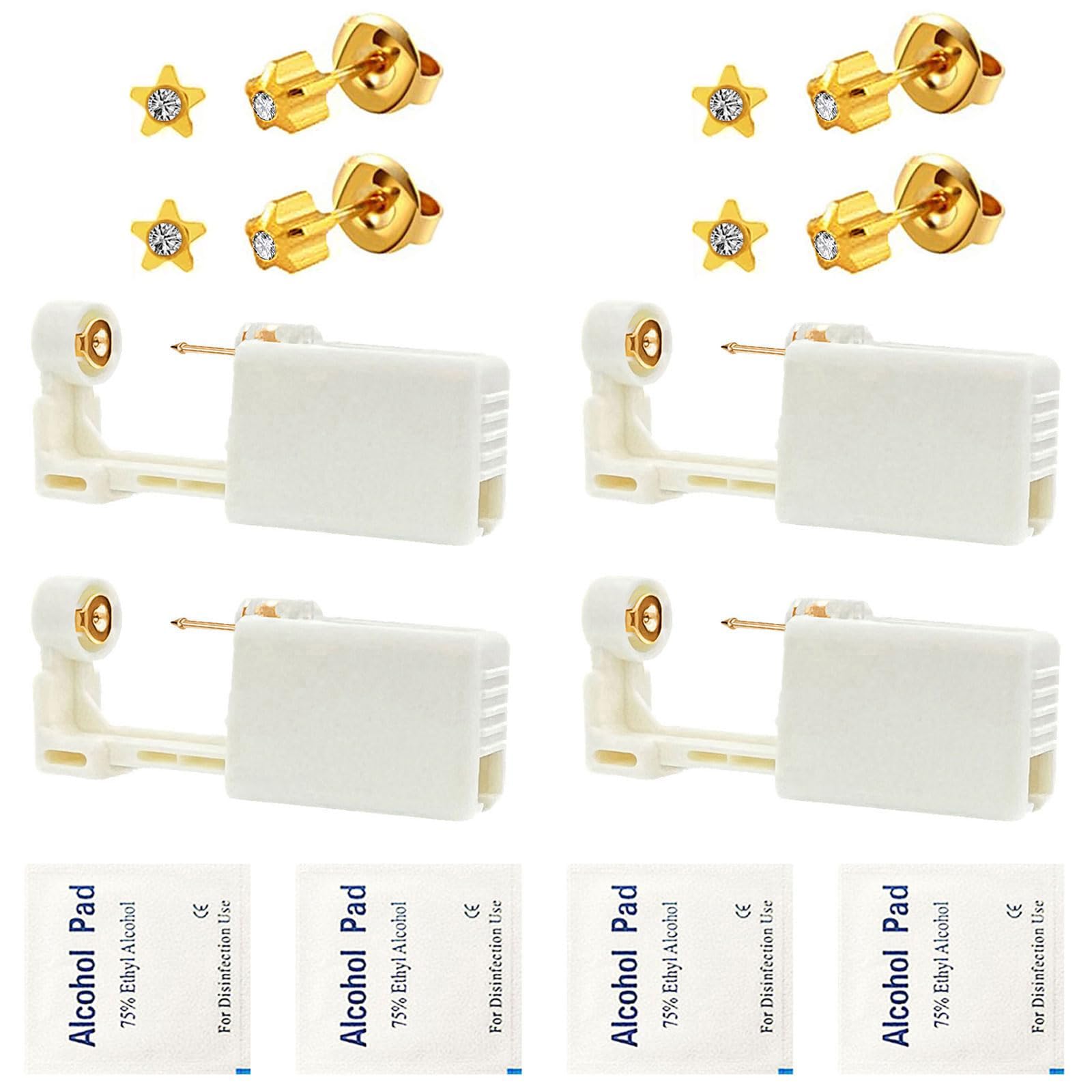 Dzxin 4 Pack Ear Piercing Gun Kit, Disposable Self Ear Piercing Gun Kit with Earring Studs Safety Ear Piercing Gun Kit Tool （Gold Star