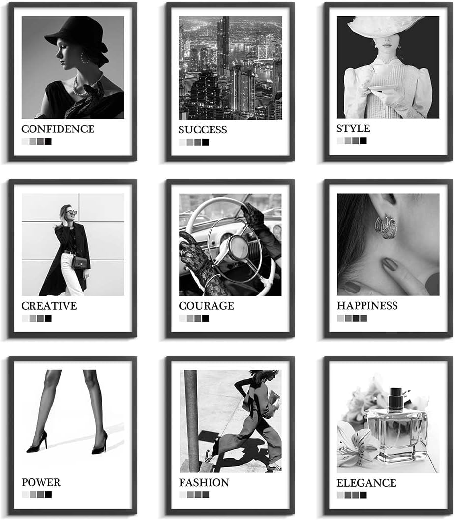 Vogue Poster Room Decor - Black And White Wall Art, Framed Pictures, Fashion Photo Prints, Set of 9, 8" x 10"