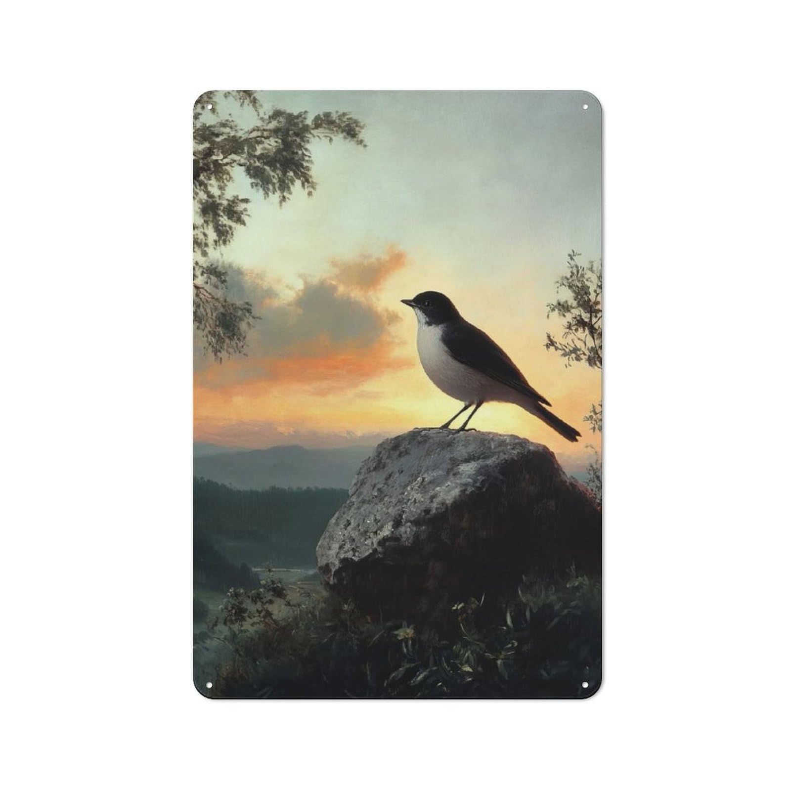Junmoney Bird On A Rock At Sunset Tin Wall Plaque With Design 30X20cm, Farmhouse Rustic Kitchen Decor For Dining Room, Cafe, Entryway Or Family Room