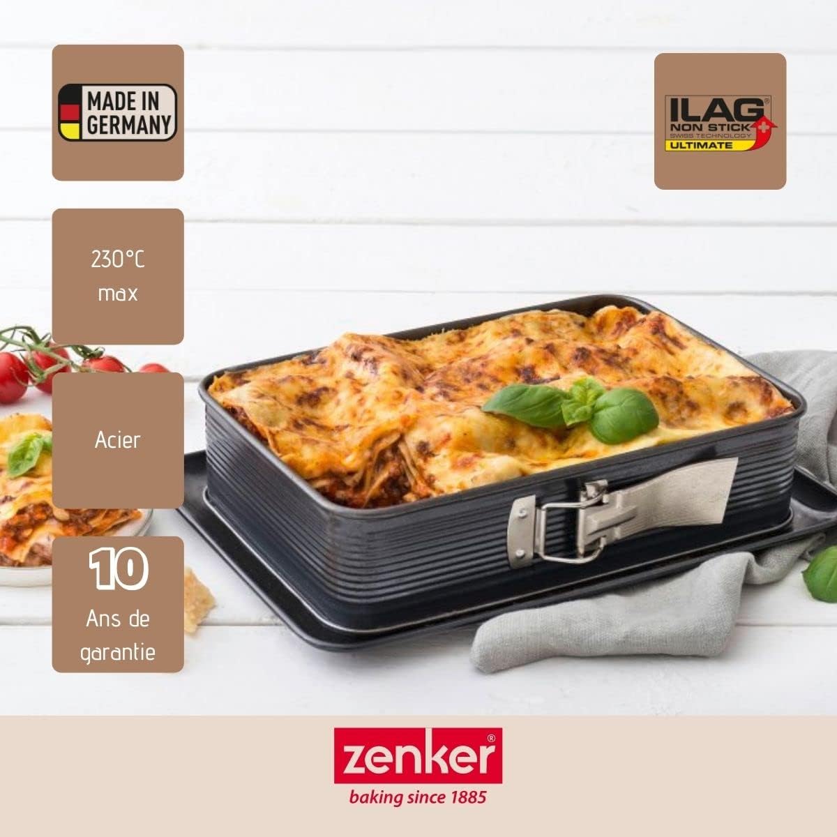 Zenker Molde desmontable para lasaña 7021 DELUXE, molde rectangular con base plana esmaltada, molde para pastel con protección contra fugas (color: negro metálico), cantidad: 1 pieza