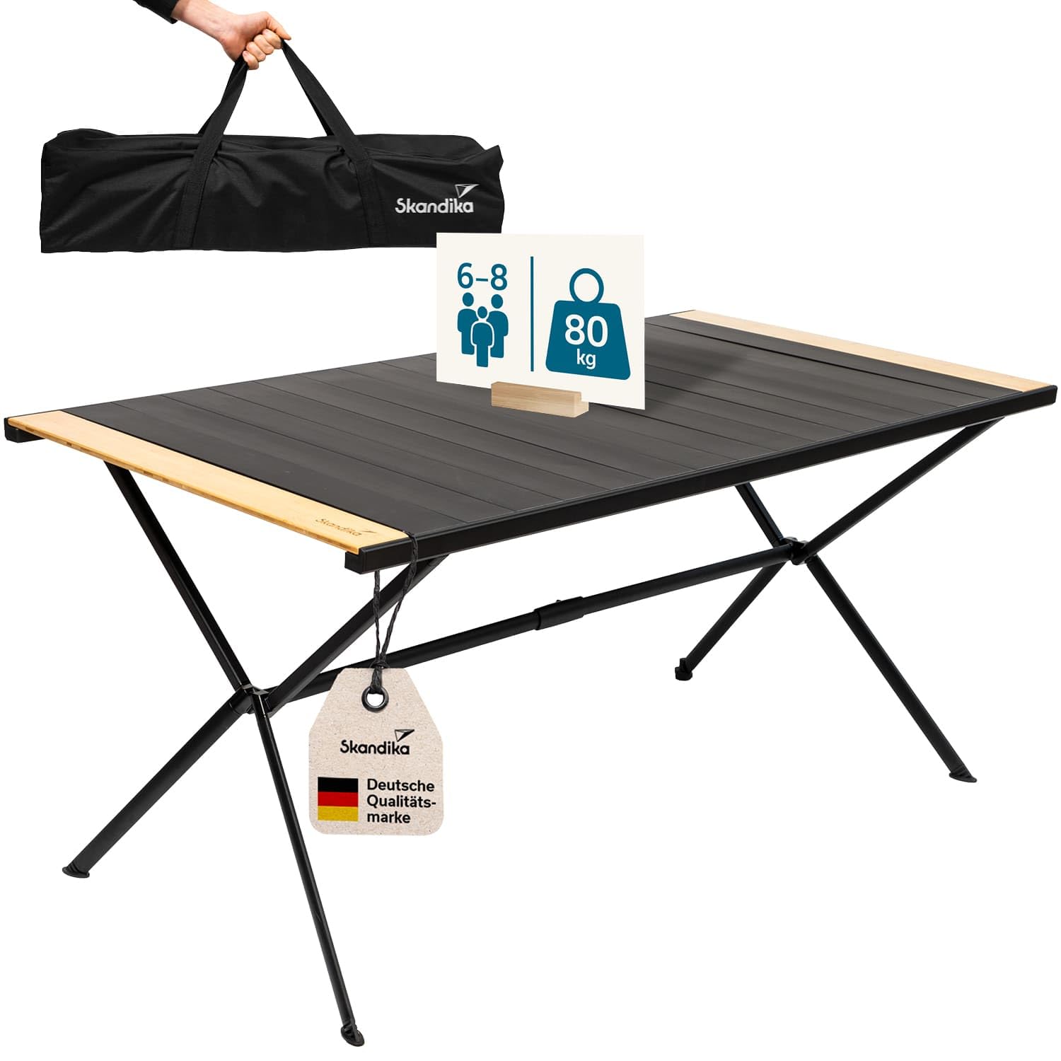 Skandika Tivaro aluminiowy stół kempingowy z drewna, dla 6 osób, udźwig 80 kg, 147 x 80 x 70 cm, wodoszczelny, składany, lekki, zwijany blat stołu do ogrodu, na kemping, do wędkowania