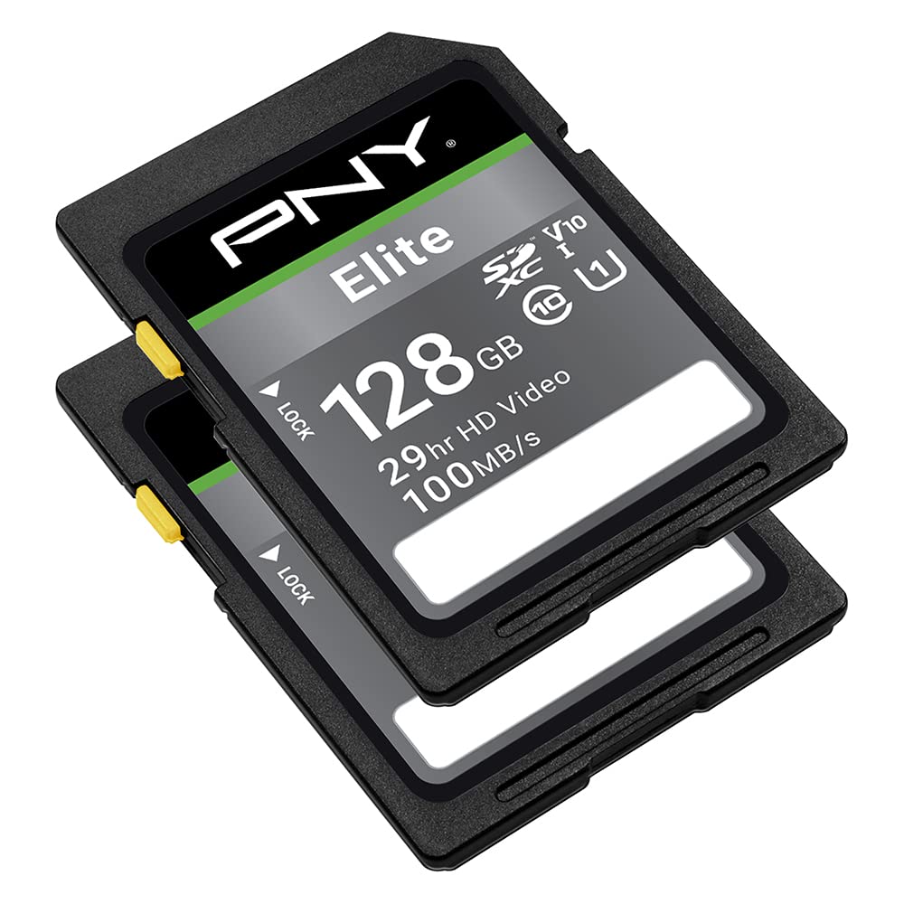 PNY 128GB Elite Class 10 U1 V10 SDXC Flash Memory Card - 100MB/s Read, Class 10, U1, V10, Full HD, UHS-I, Full Size SD (Pack of 2)