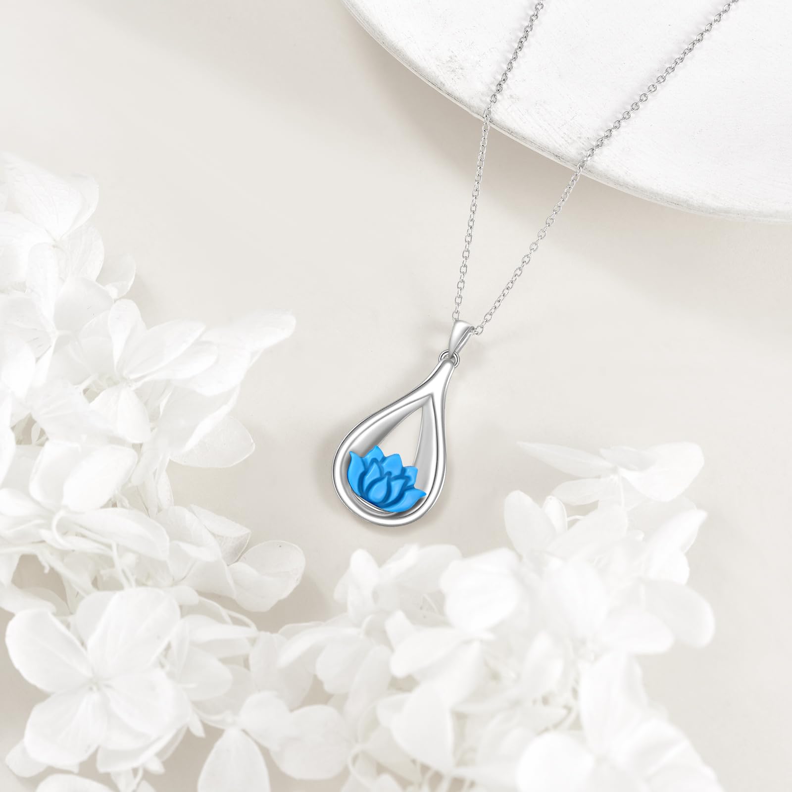 VONALA Lotus Türkis Halskette Träne Blau Yoga Blume Anhänger Schmuck Geschenk für Frauen Geburtstag Weihnachten