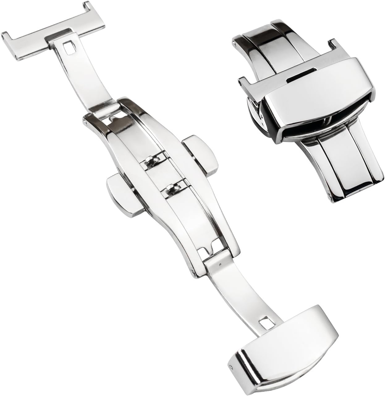 Stainless Steel Butterfly Deployment Buckle Double Push Button 12/14/16/18/20/22/24mm (16mm, Silver)