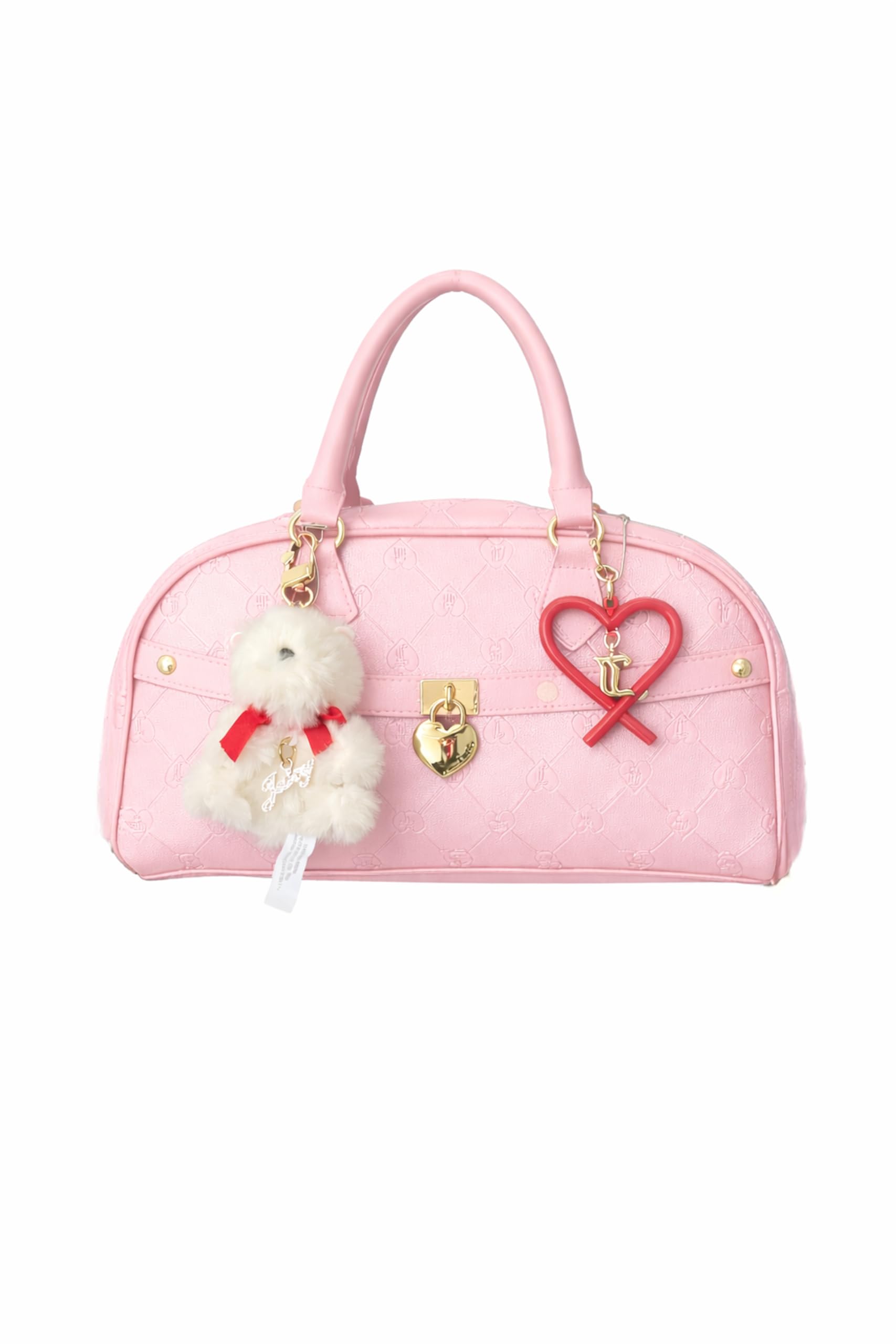 Women’s Rolling On Satchel Handbag with Top Handles, Heart Lock & Charm Details