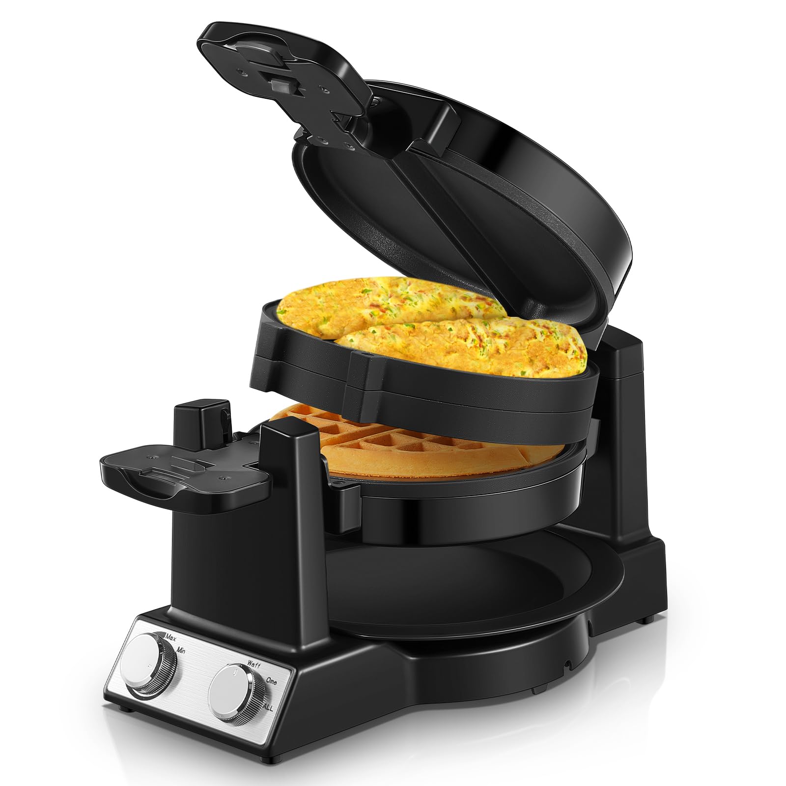 FOHERE 2-in-1 Omelette Maker&Waffle Maker, 1400W Omelet Waffle Maker 180° Flip, Adjustable Browning Control, Non-Removable & Nonstick Pans, Make Two Omelet and One Waffle at Once for Home (Dark Black)