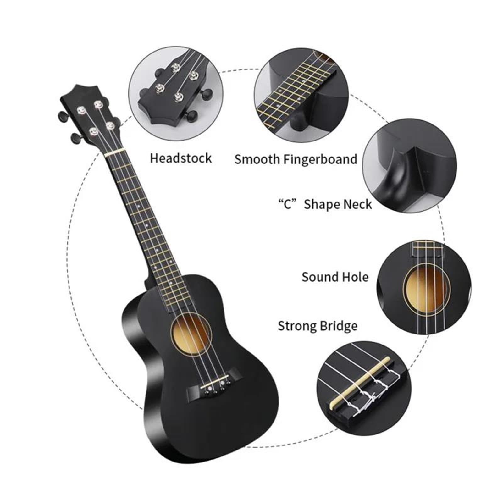 Ukulele 23 Zoll Akustik Ukulelen Set Mit Tasche Saiten Gurt Steg Nadel Kapodaster Plektrum Stimmgerät Komplett Aus Lindenholz Für Anfänger(Black)