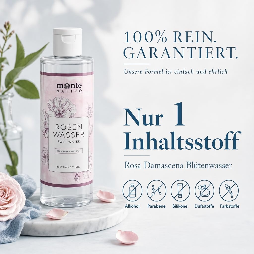 Monte Nativo czysta woda różana, 100% naturalna, do twarzy, z hydrolatem, podwójna destylacja parą wodną, 2 x 200 ml