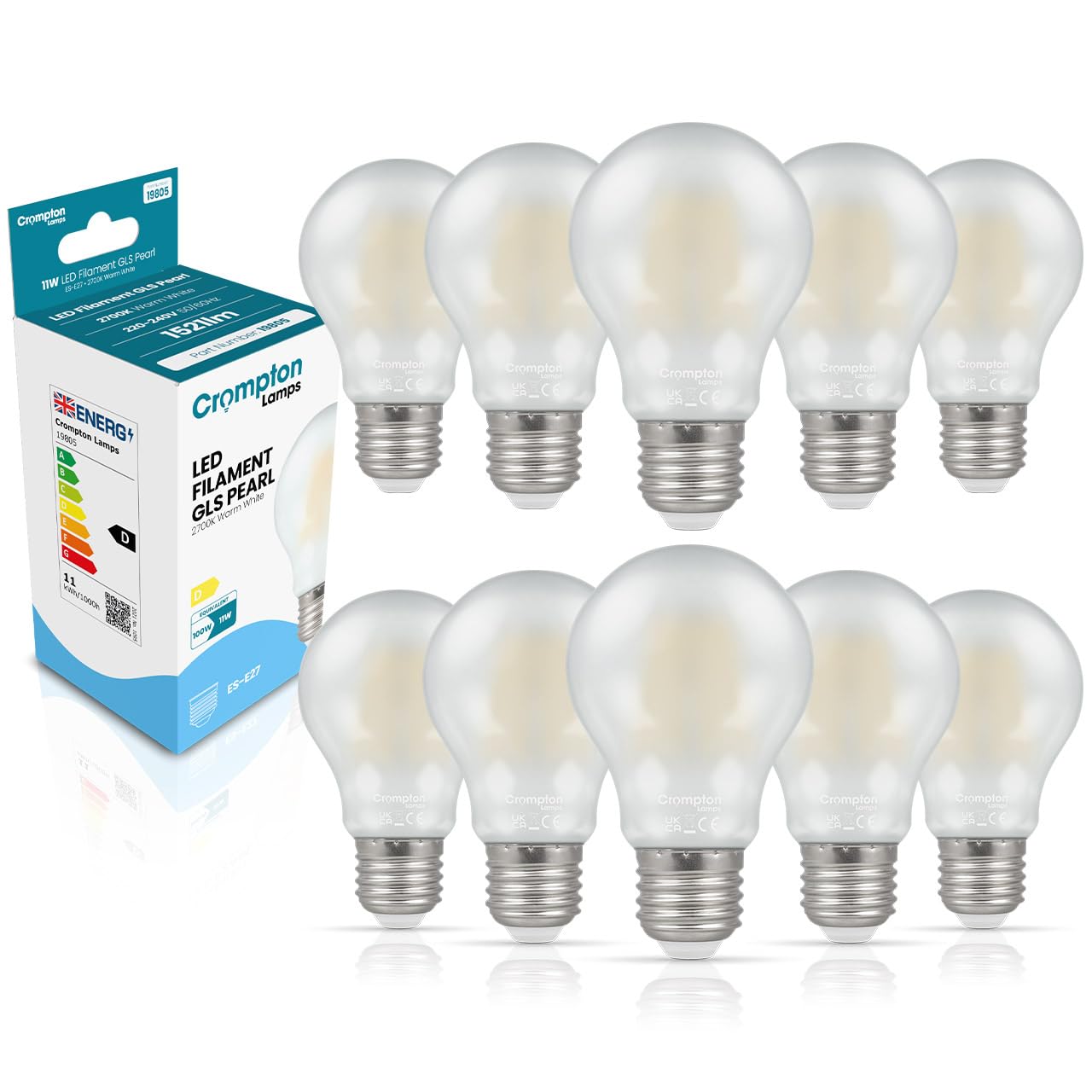 Crompton Lamps Filament GLS LED Light Bulb ES-E27 | 11W = 100W Equivalent | Warm White 2700K | Energy Efficient | Edison Screw Lightbulb | Long Life 15,000-Hrs | Pearl Glass | Dimmable | 10-Pack