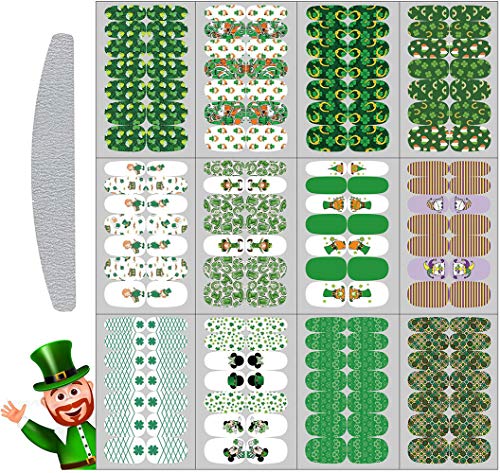 St. Patrick's Day Nail Polish Stickers Full Cover Nail Wraps Sticker Shamrocks Nail Art Decals Self-Adhesive Nail Strip Irish Green Luck Design Nail Art Supplies Decorations with Nail File 12 Sheets