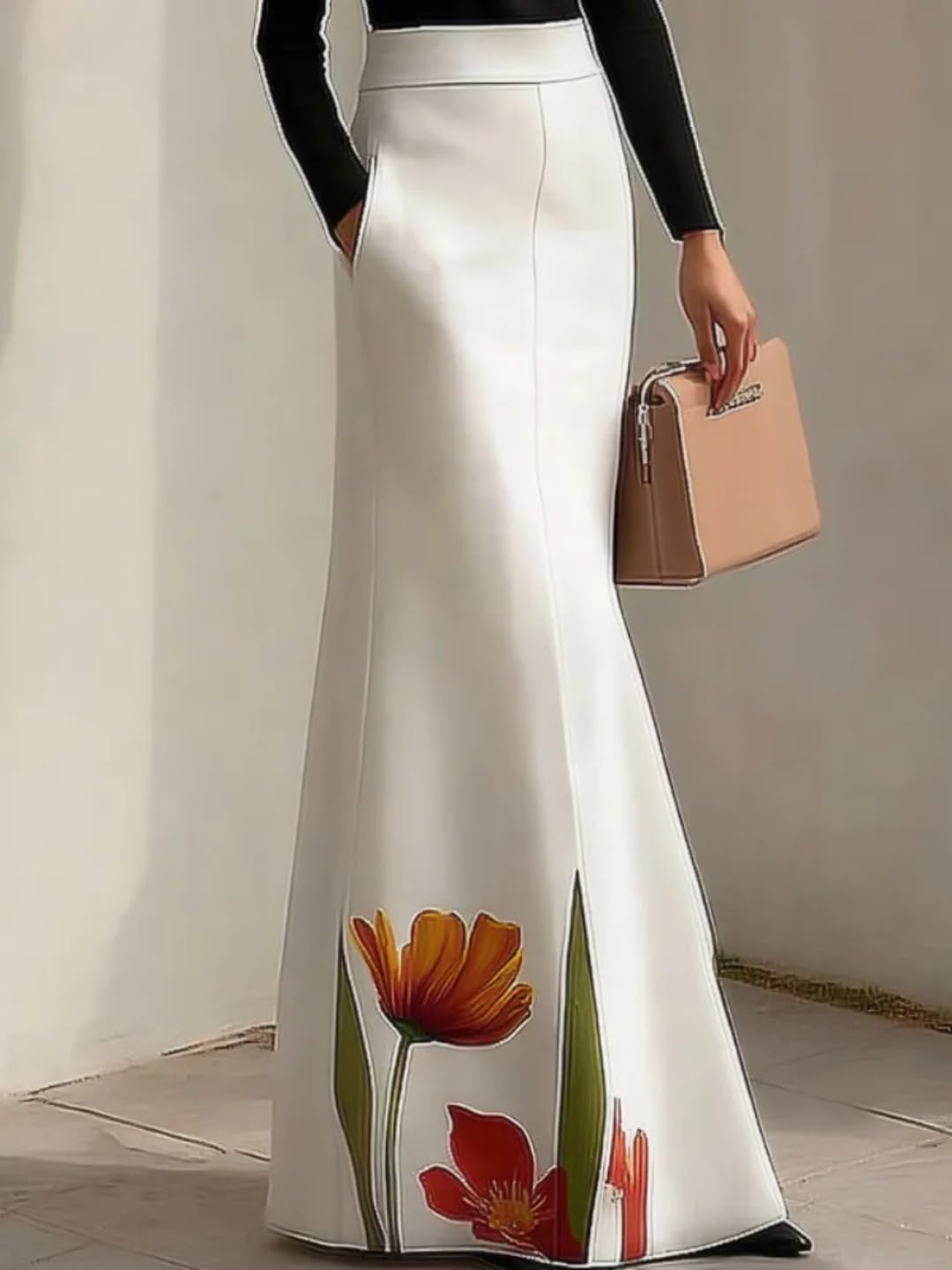 Women's Solid Color Floral Print Elastic High-Waisted Slim Fit Fishtail Skirt Elegant Evening Gown Skirt