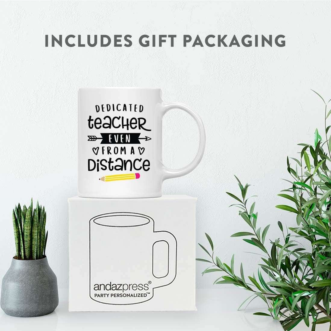 Andaz Press Social Distancing 11oz. Ceramic Coffee Tea Mug Gift, Dedicated Teacher Even From A Distance, 1-Pack, for Teacher, Social Distancing Birthday Gift Ideas, Includes Gift Box