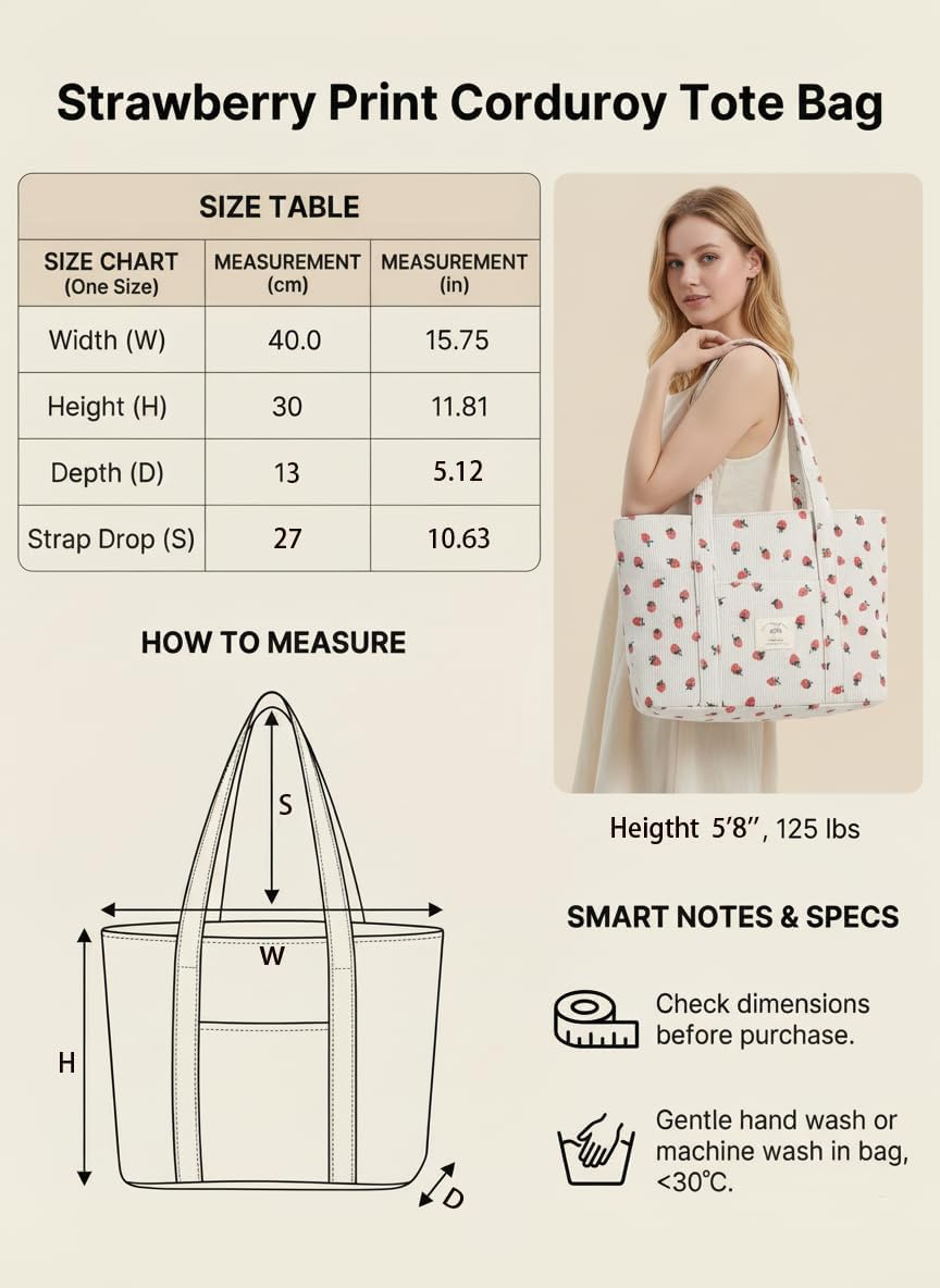 TeeYee Women Tote Bag Shoulder Bag Large Zippered Strawberry Corduroy Shopper with Pockets Multipurpose | Gym traval bag, 3 compartments, Sturdy material, Reinforced straps, Fits 15.6in laptops - Image 3