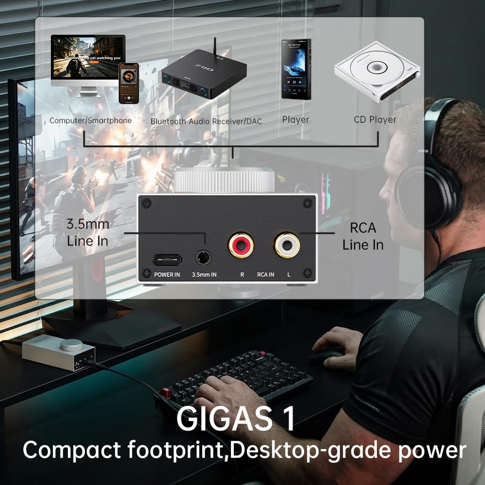 FIIO JadeAudio GIGAS 1 Amplificador de auriculares de escritorio de alta potencia, salida equilibrada de 4600 mW, circuito discreto de clase AB, equilibrado de 4.4 mm, amplificador de auriculares de