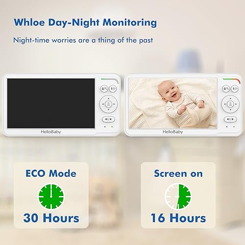 Miniatura 5 de HelloBaby - Monitor de bebé de 6 pulgadas, primera pantalla IPS del mundo, batería de 30 horas, seguro sin WiFi, cámara de video panorámica con