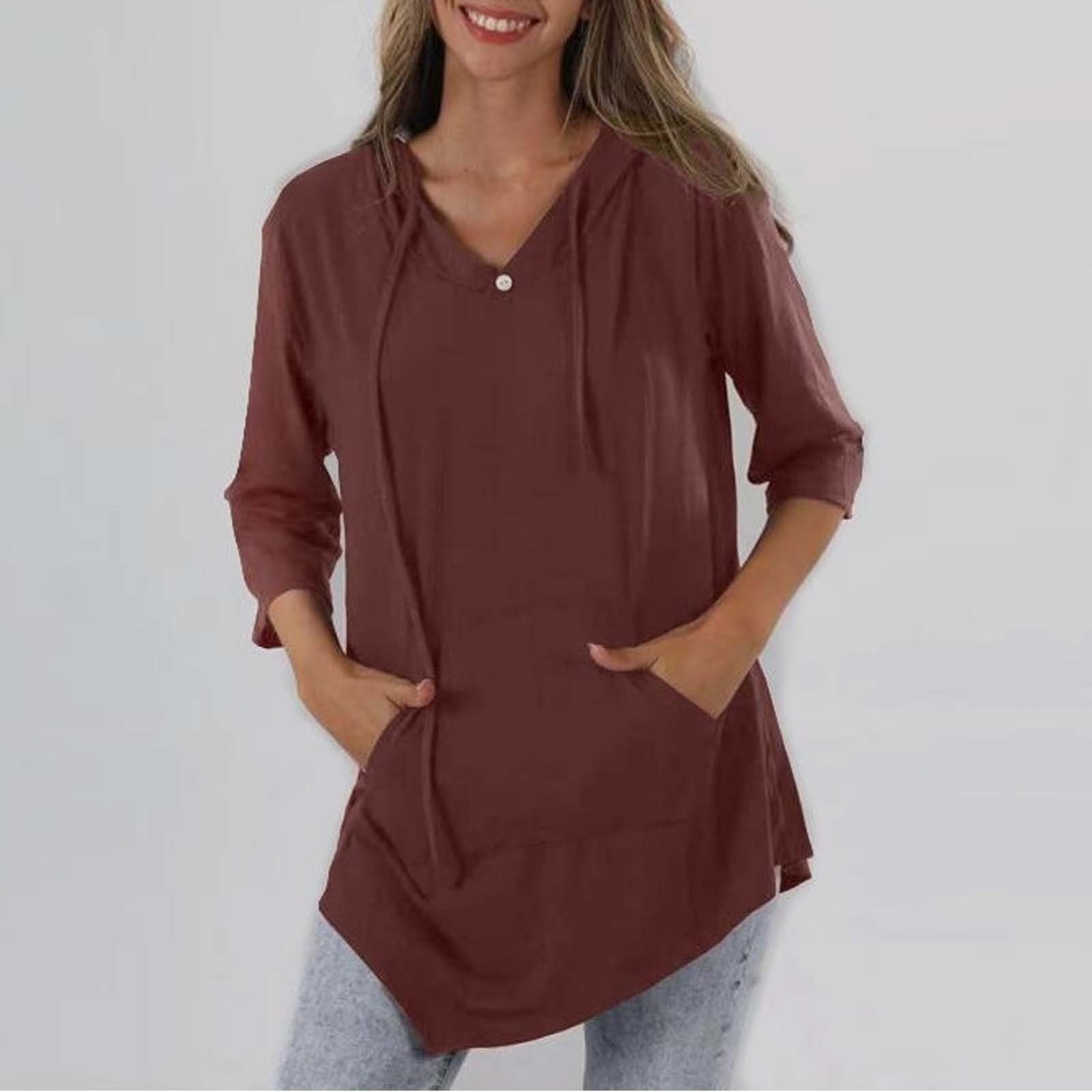AMDOLE Haut court pour femme à manches longues avec cordon de serrage - Joli pull ample léger et solide avec poche - T-shirts pour femmes