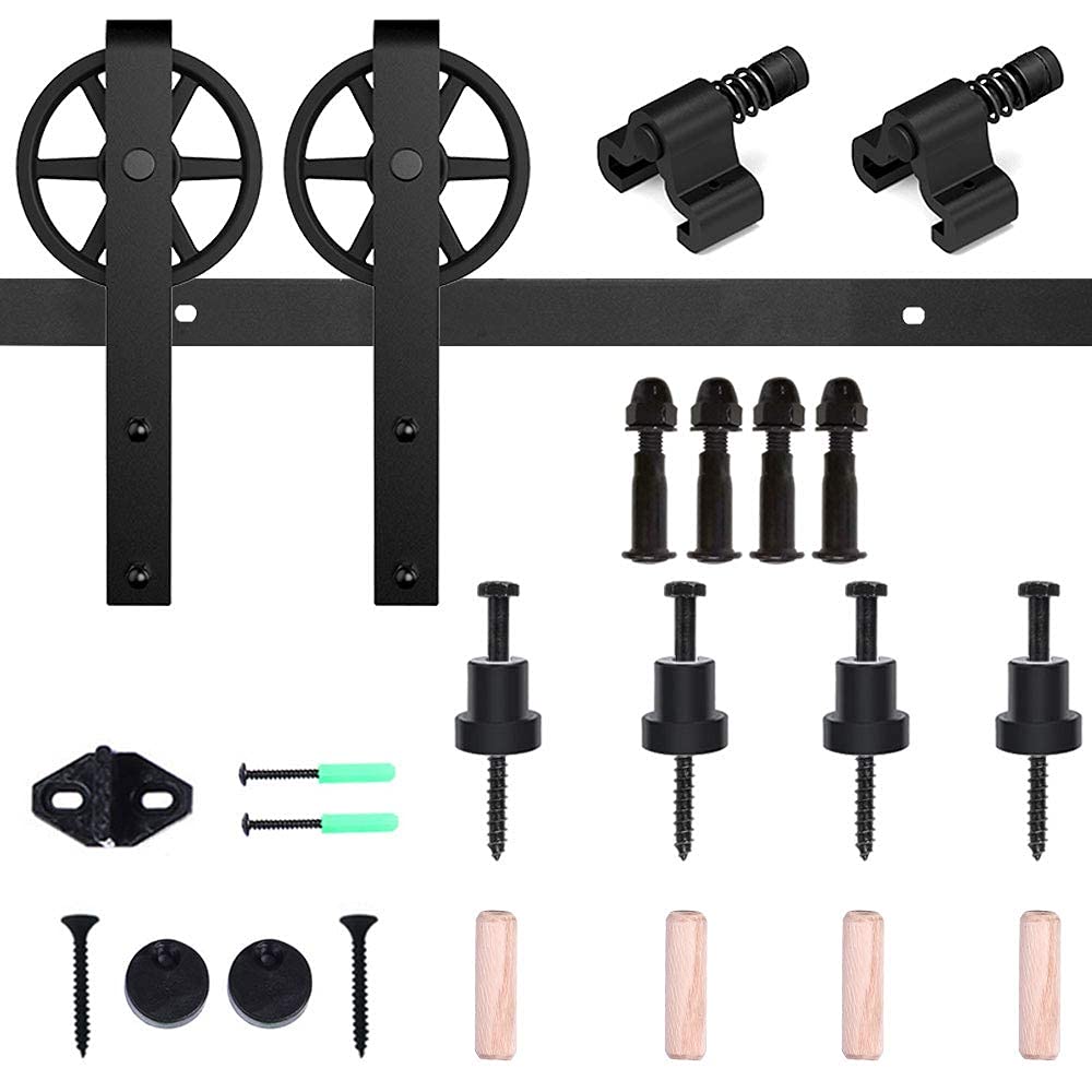 CCJH Kit de ferrures de porte coulissantes 200 cm - Rail de suspension pour porte simple en bois (grande roue style 01) - Noir