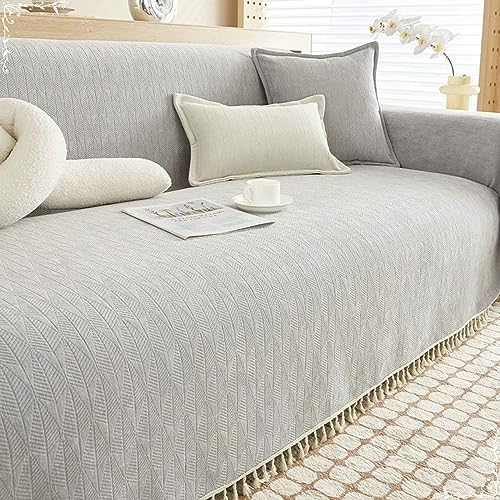 Manta para sofá KnSam de chenilla gris claro con borlas y funda protectora de 180x130 cm 2