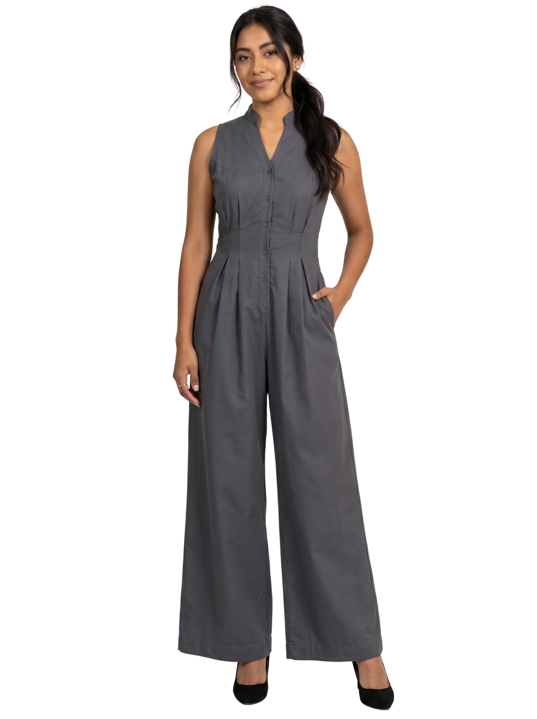 Women’s Cotton Sleeveless Button Down Wide Leg Jumpsuit-image-17