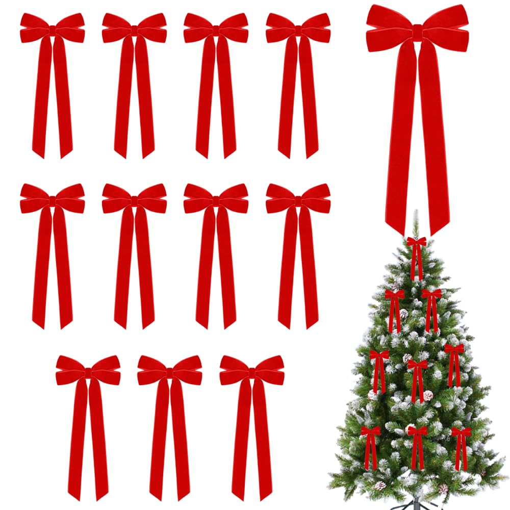 MiOYOOW 12PCS Valentine Bow Decors, 8.7 * 5.1" Soft Vintage Tree Topper Bows, Valentine Bow Ornaments for Home Thanksgiving Party Holiday Decoration
