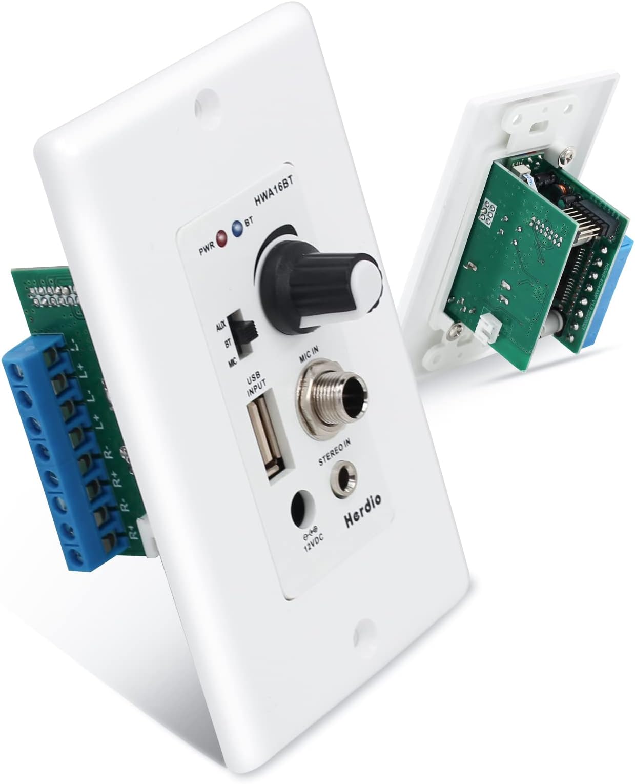 Bluetooth Wall Amplifier 4 Channels Volume Control Wall Plate USB/MIC/AUX(3.5mm) Inputs Connect 4 Speakers with 12V 3A Power Supply,HWA-16BT-4CH