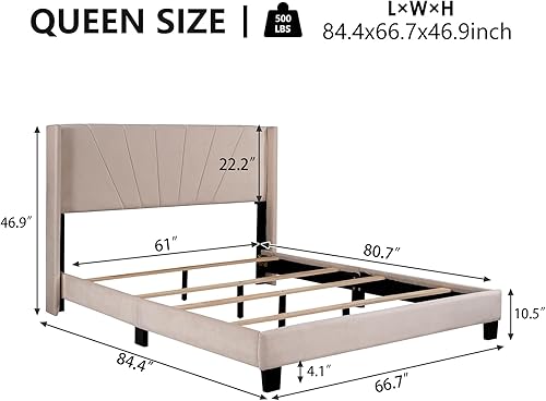 Miniatura 8 de Base de cama de plataforma tamaño Queen con cabecera tapizada de terciopelo y soporte de listones de madera, cama y cabecera tamaño Queen, no