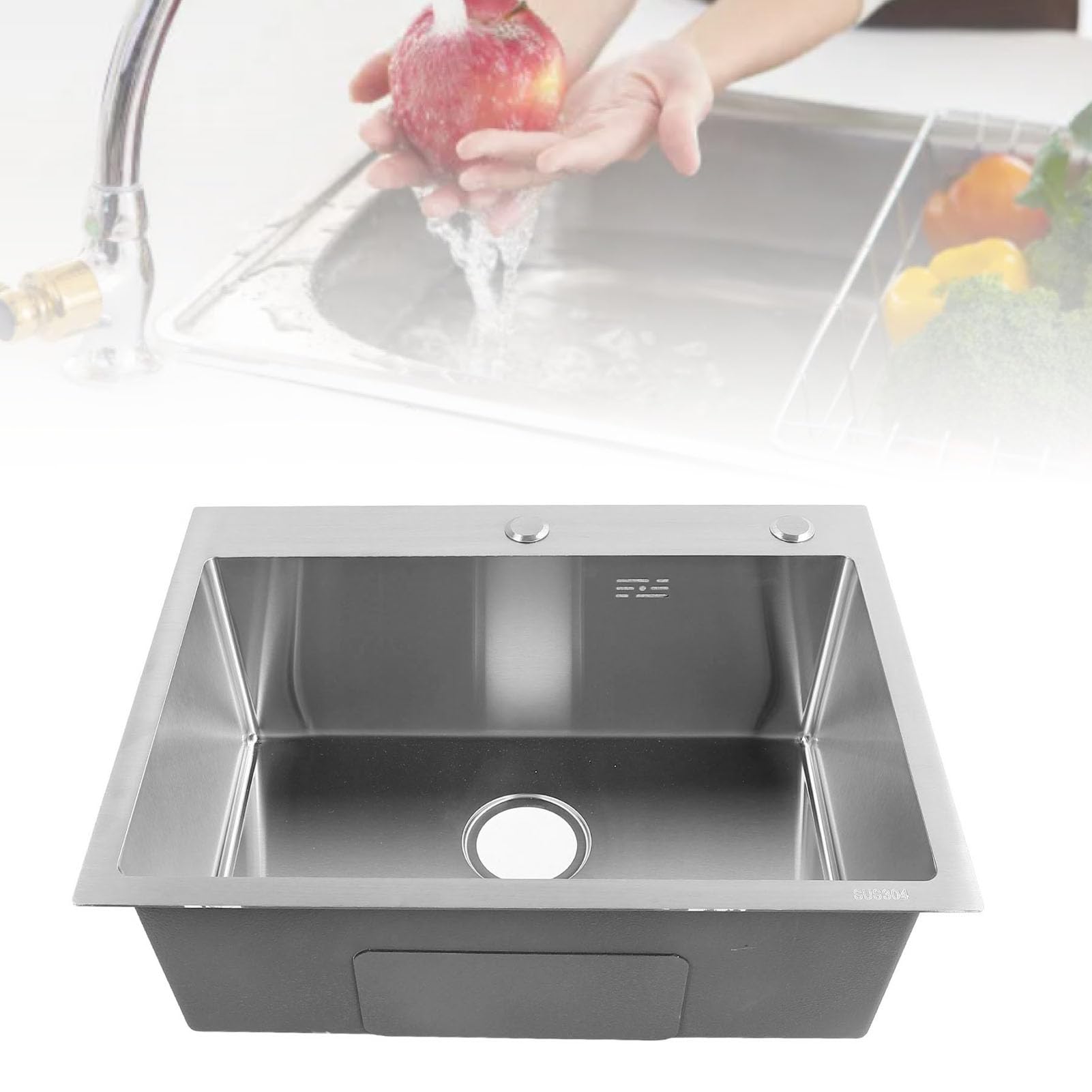 Fregadero de Cocina, Lavabo de un Solo Cuenco de Acero Inoxidable 304 con Escurridor y Almohadillas de Reducción de Ruido, Montaje para Estación de Trabajo RV Bar