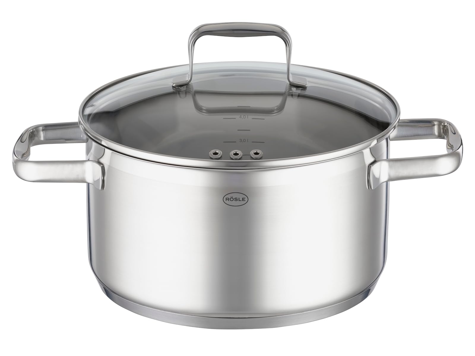 RÖSLE Charm Universal Saucepan, 18/10 Stainless Steel, 20 cm, Glass lid, Scale Inside, Suitable for Induction cookers, Dishwasher Safe