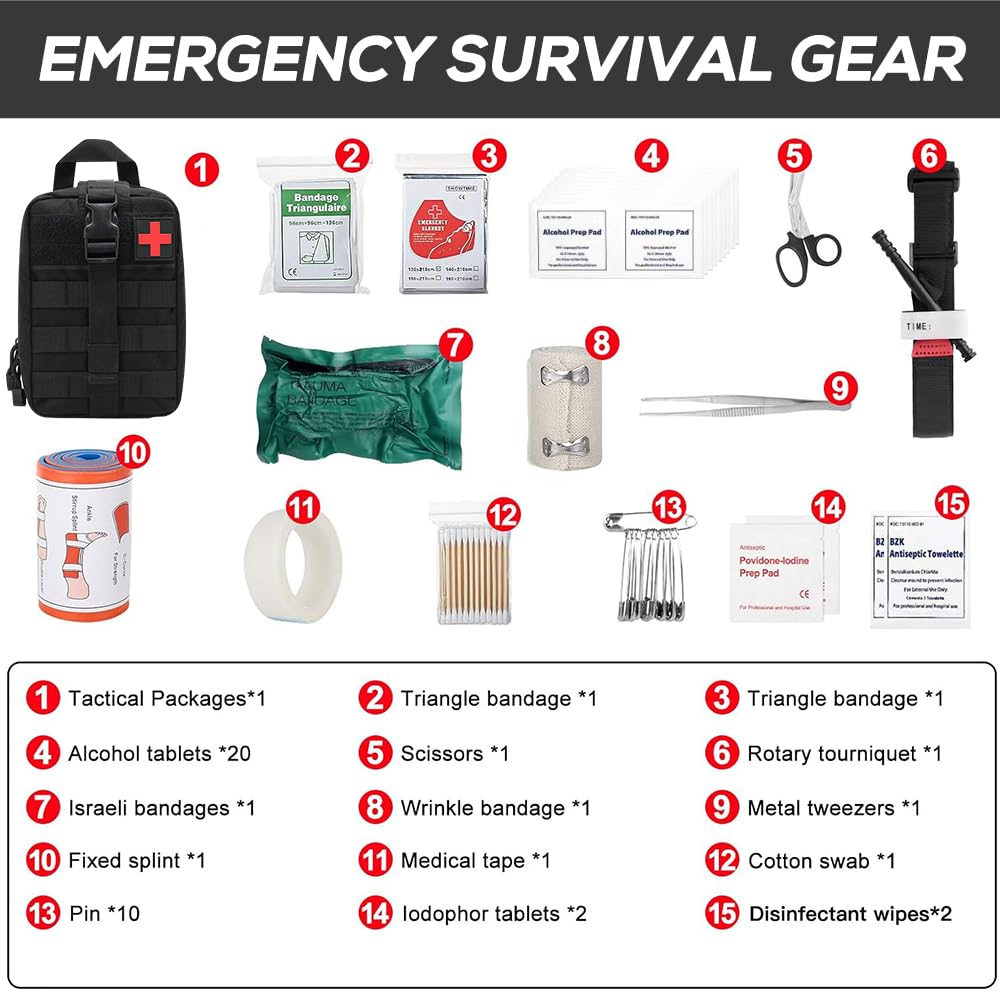 46 Pièces Trousse de Secours Complete, Kit Premier Secours, Trousse de Secours Militaire, Trousse Premier Secours, Medical Survival Compact Kit Box Pour la Maison La Voiture Camping Randonnée