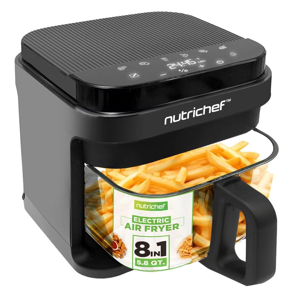NutriChef Freidora de aire caliente de 5,5 L, color negro, 8 en 1, con recipiente de cristal y pantalla táctil LED, para freír sin aceite, circulación de aire caliente de 360°, para patatas, pollo