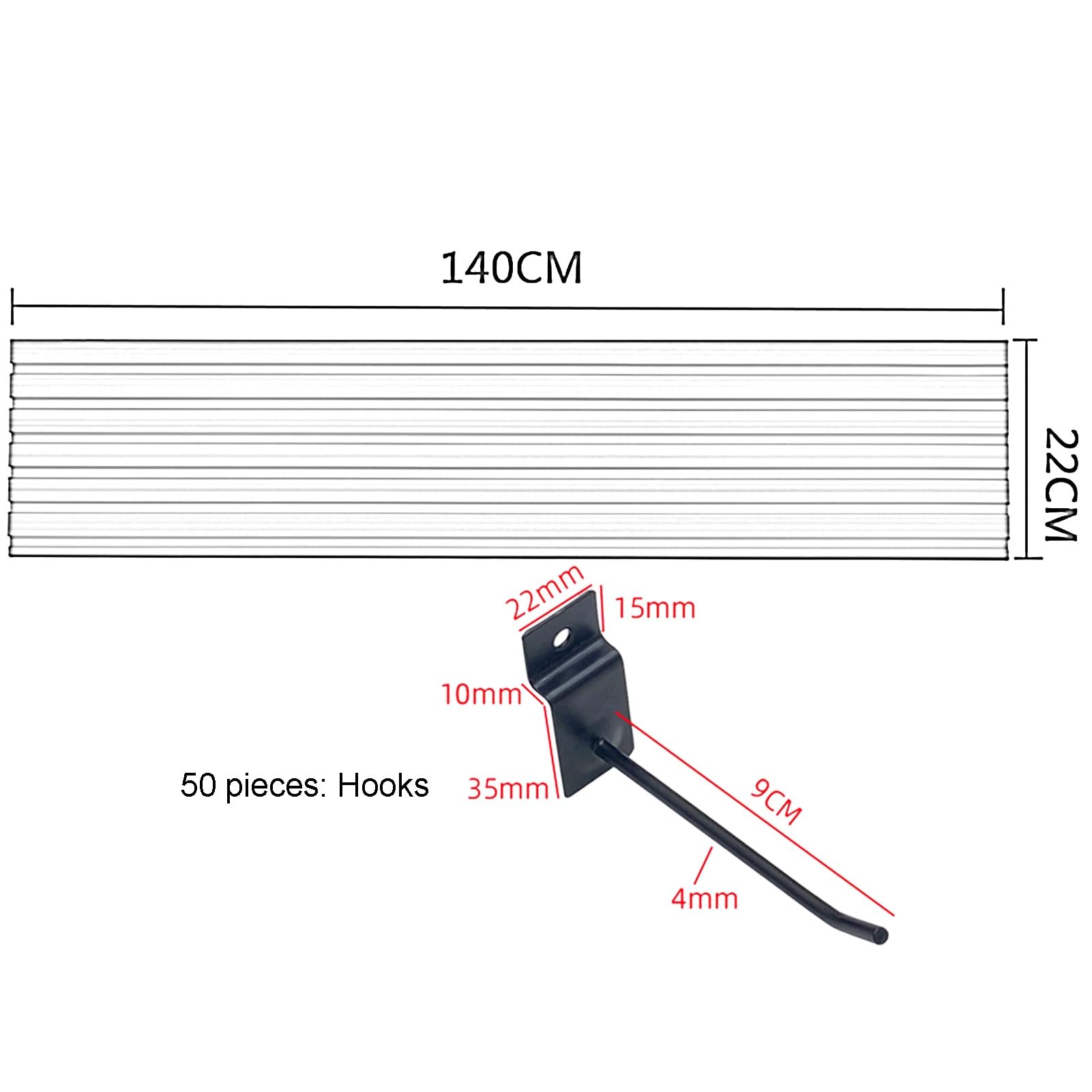 Slatwall Paneel-Organizer mit 50 Haken, für Garage, Küche, Werkstatt, Einzelhandel, Laden, ineinandergreifende Lamellen, Wandverkleidung (140 x 22 cm)