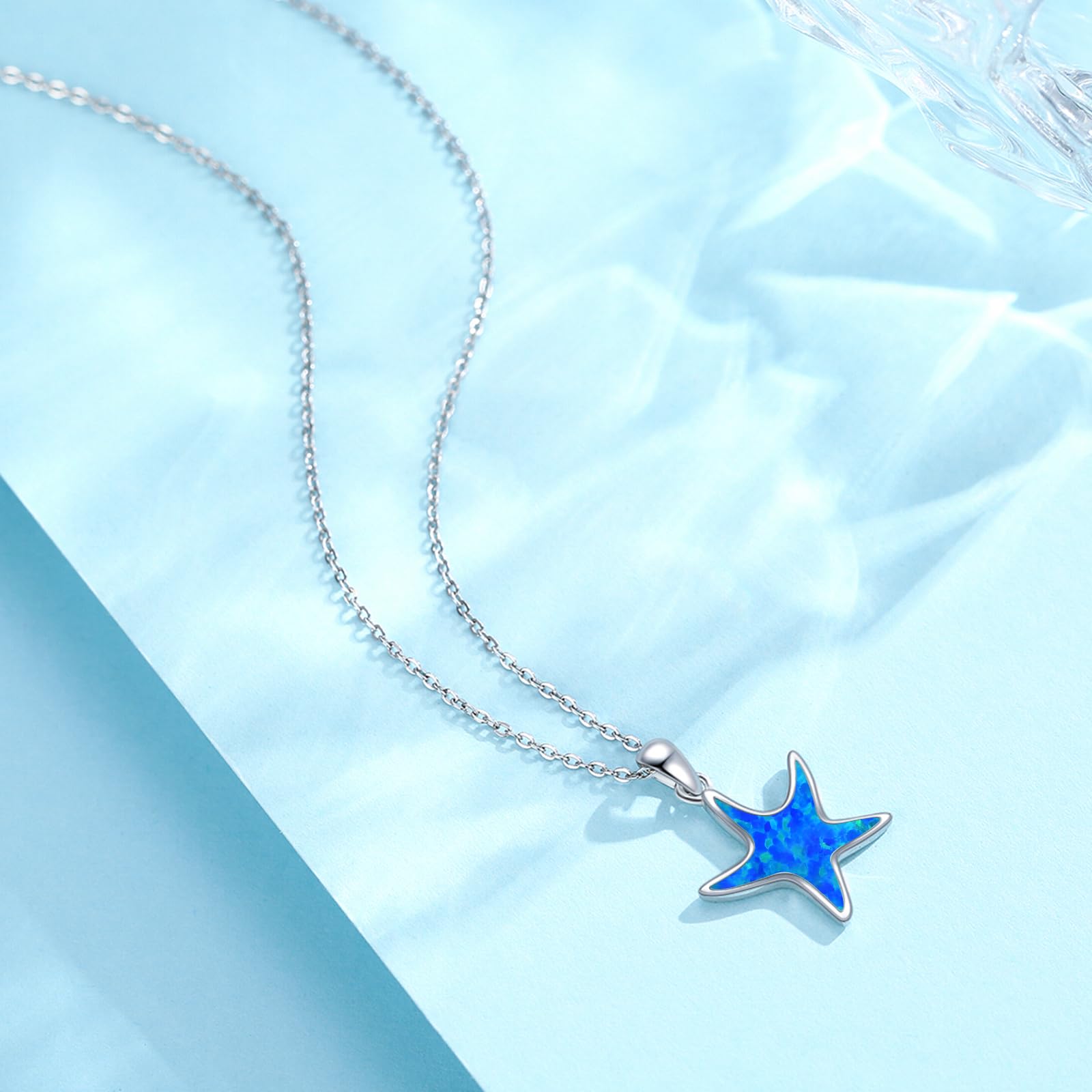 Seestern Halskette Damen, 925 Sterling Silber Seestern Opal Kette,Tier Anhänger Opal Seestern Schmuck Muttertags Geschenke Valentinstag für Mädchen Frauen Kinder Mama Frau Freundin