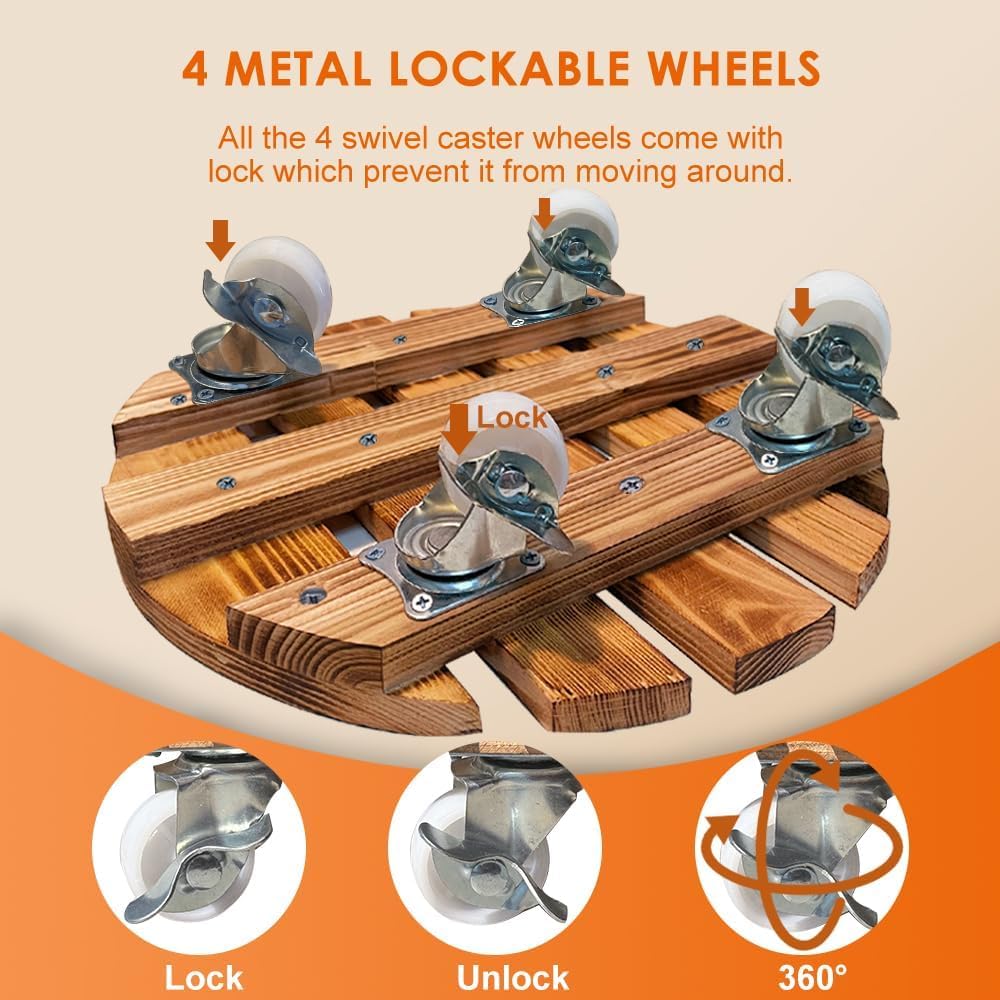 Lot de 2 chariots à plantes en bois, support pour plantes, panier lourd avec roulettes | Support de plante rond à roulettes en métal 30 cm avec roulettes verrouillables à 360° pour pot de fleurs intérieur/extérieur