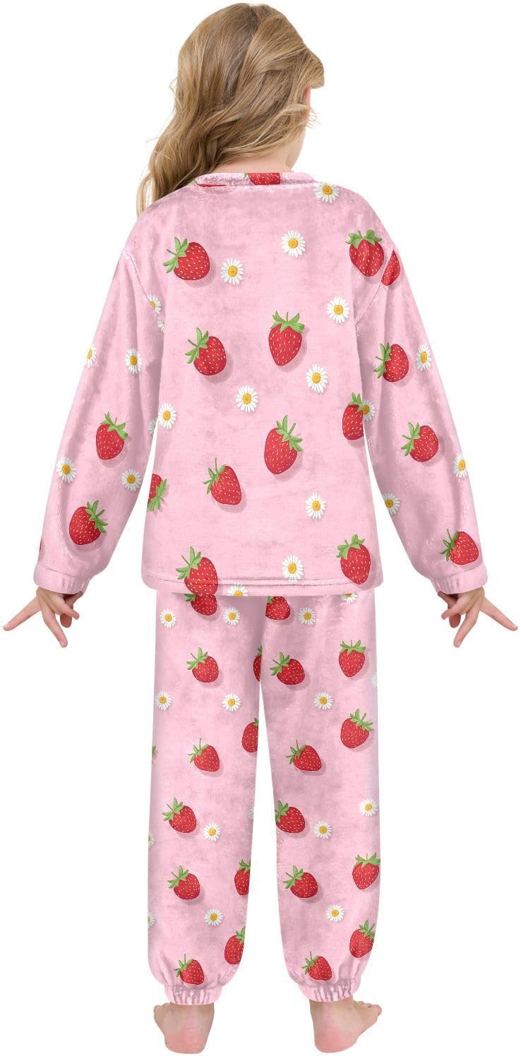 Strawberry Pink Plush Pajama Sets Soft Flannel Fleece Sleepwear